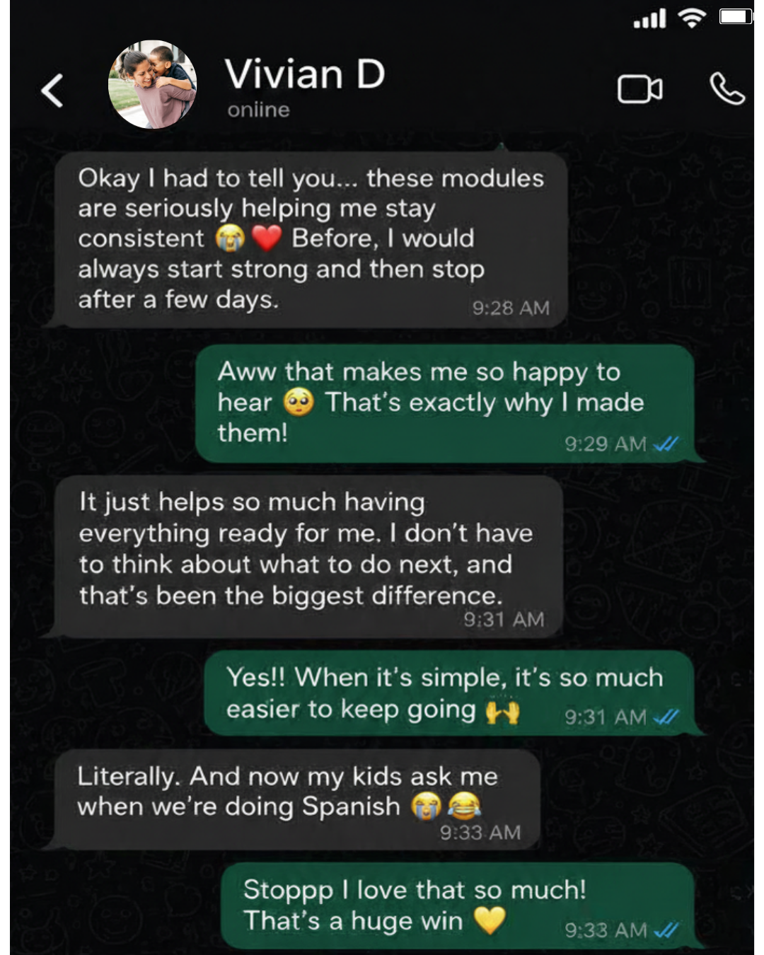 Real WhatsApp conversation from a happy mom using the curriculum