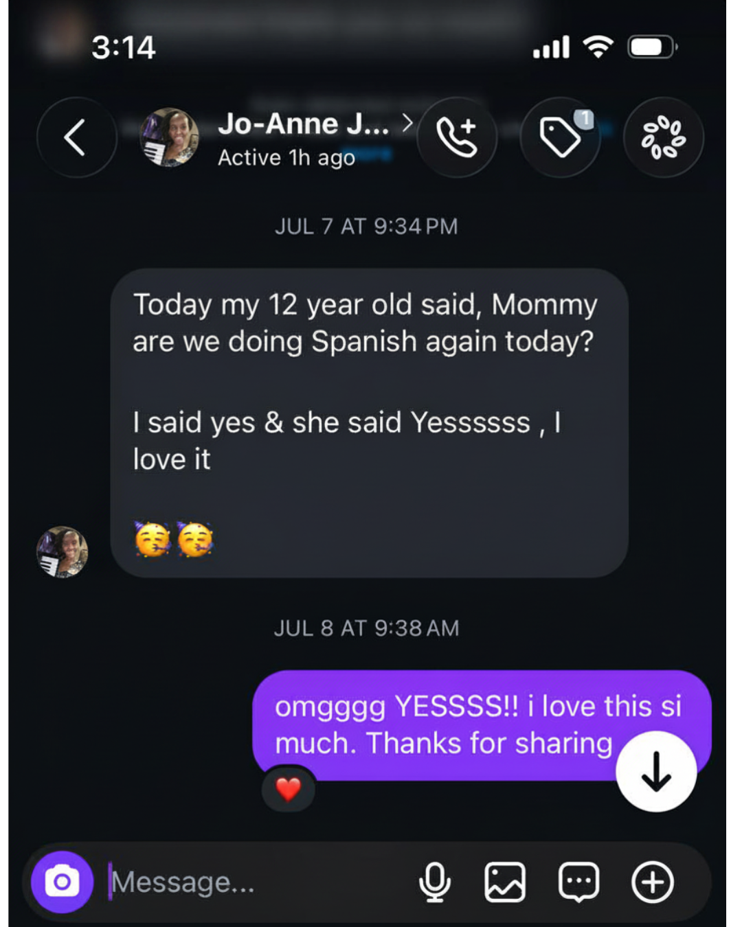 Real message from Jo-Anne sharing how her 12-year-old now asks to do Spanish every day